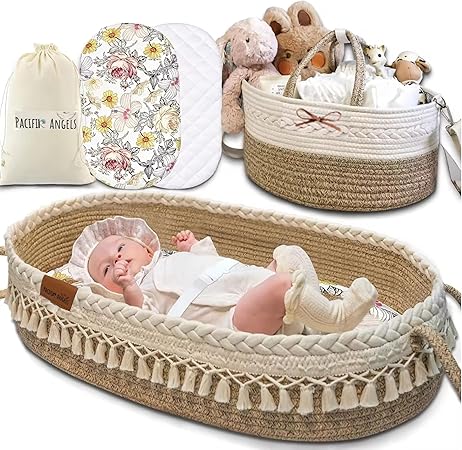 Baby Changing Moses Boho Tassels Basket - Waterproof Pad, Diaper Caddy, Removable Cover, Safety Belt-Set of 6 Pcs, Handmade 100% CottonRope. Nursery Decor, Portable Diaper Table Topper. (BeigeTassels)