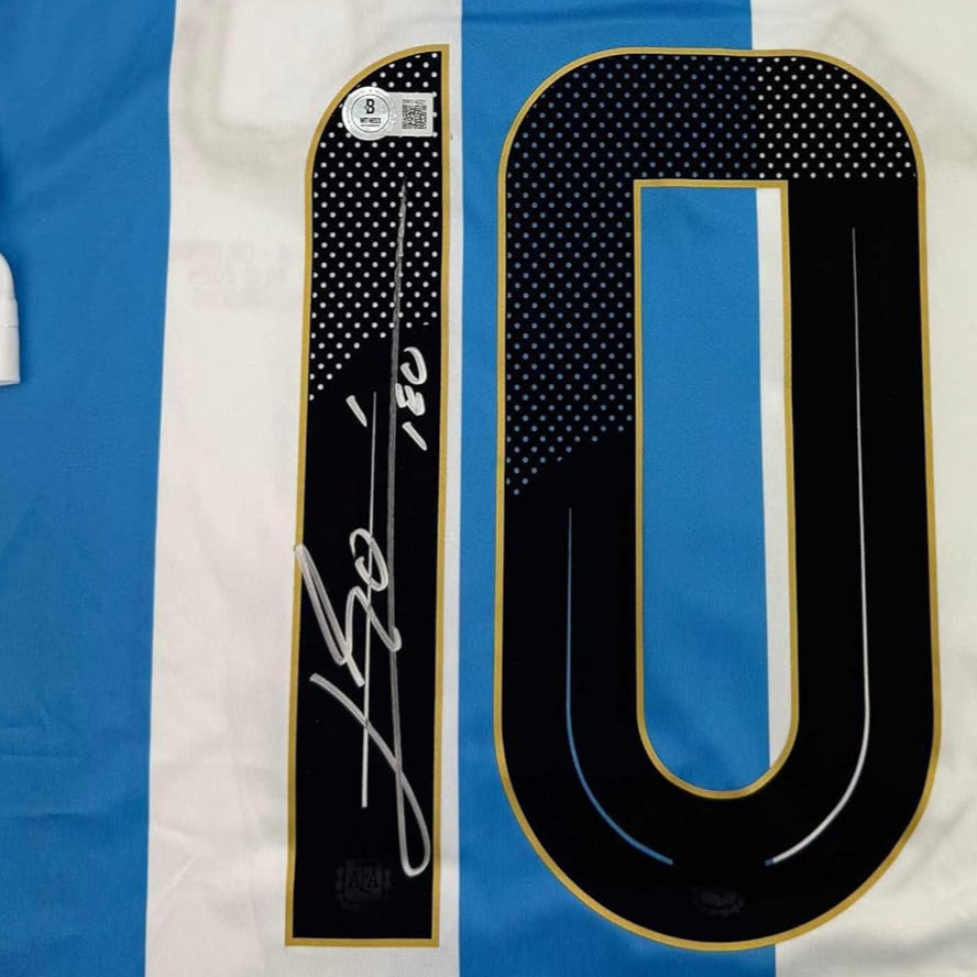 Framed Autographed/Signed Lionel Leo 35x39 Messi Argentina Blue/White Soccer Jersey Beckett BAS COA