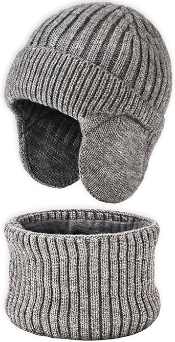 Unisex Kids Earflap Beanie and Scarf Set 2pcs Winter Warm Knit Fleece Lined Skull Cap Neck Warmer for Boys Girls 2-8y