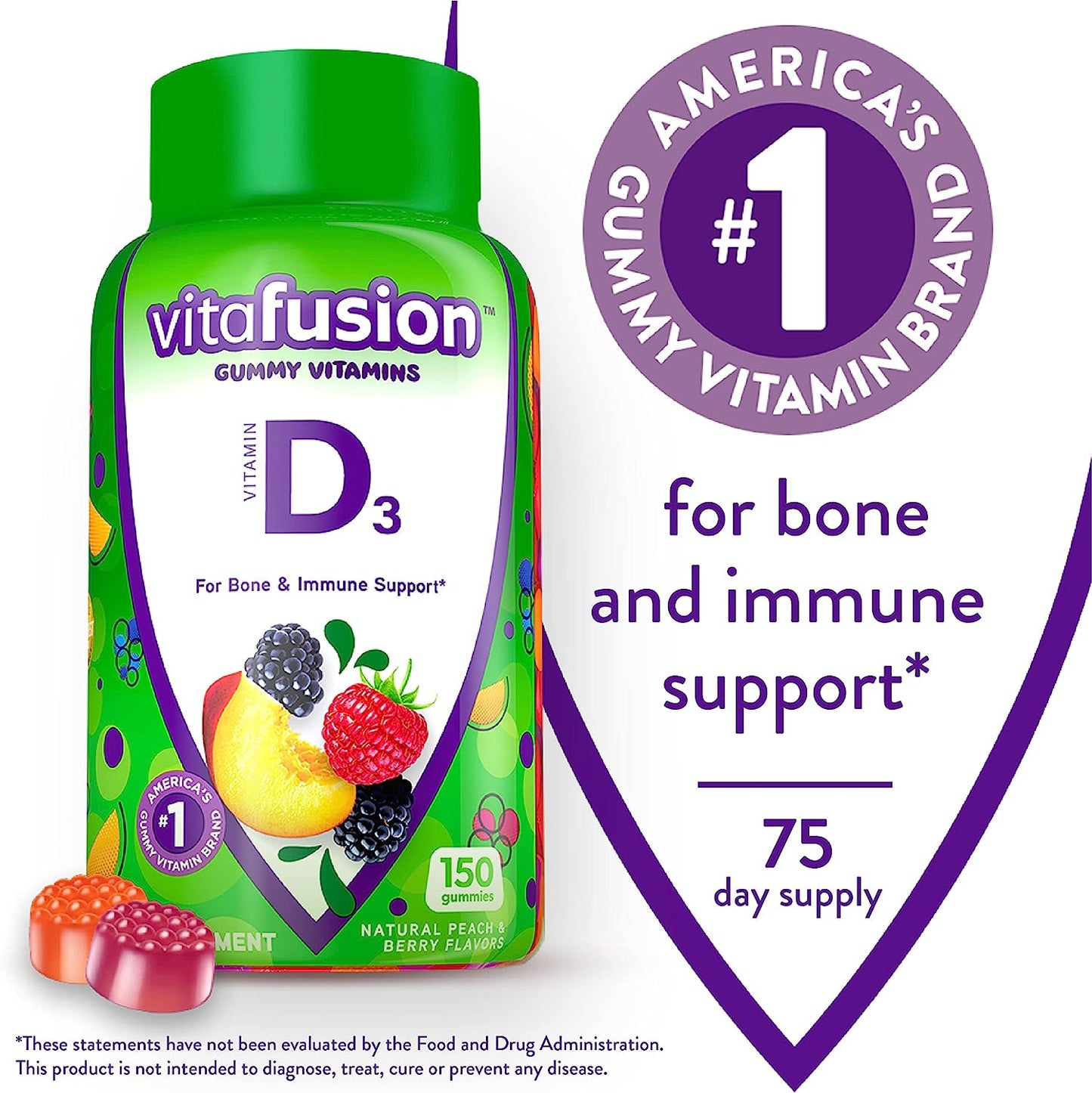 Vitafusion Vitamin D3 Gummy Vitamins for Bone and Immune System Support, Peach, Blackberry and Strawberry Flavored, 50 mcg Vitamin D, America’s Number 1 Gummy Vitamin Brand, 75 Day Supply, 150 Count