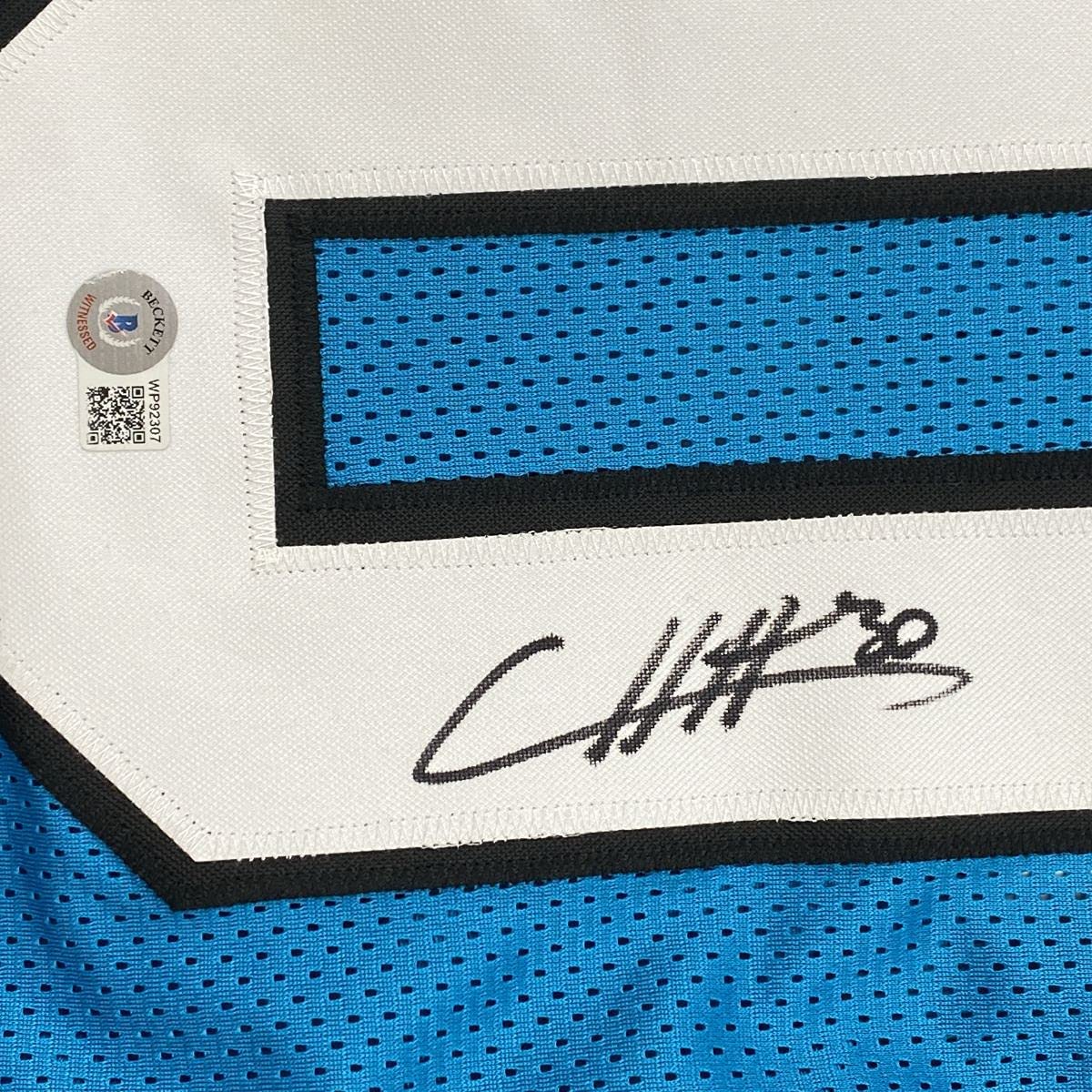 Autographed/Signed Chuba Hubbard Carolina Blue Football Jersey Beckett BAS COA