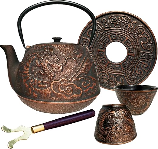 40 oz Japanese Cast Iron Teapot Maker Cup Set Tea Kettle Tetsubin with Infuser and Trivet, Dragon Fly