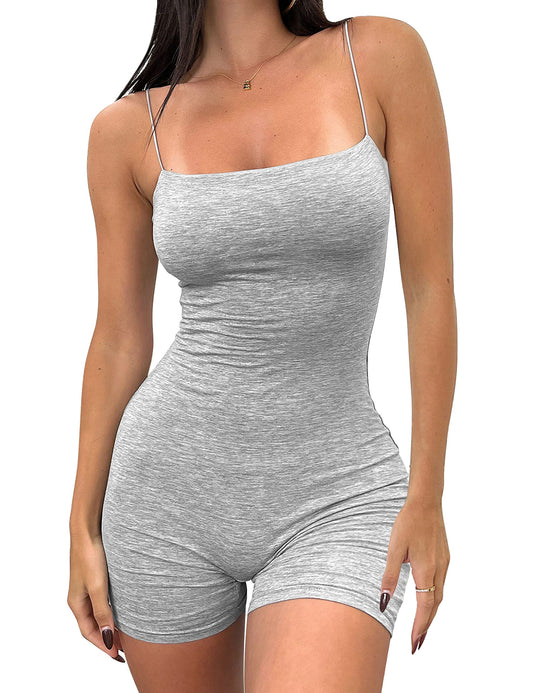 HOCILLE Women's Sexy Unitard Bodysuit Bodycon Rompers One Piece Spaghetti Strap Shorts Jumpsuits, Small, Grey