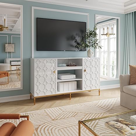 59'' TV Stands for Living Room, Modern TV Console for TVs Up to 60", High Gloss Entertainment Center with Storage, White