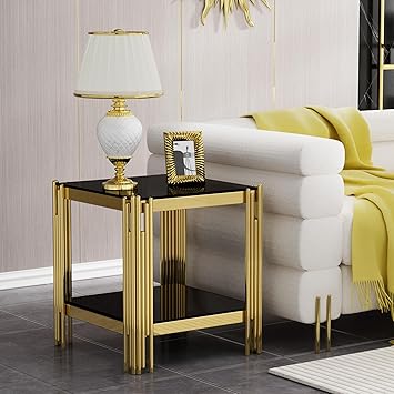 20in Black Class End Table with Shelf, Luxury Square Sofa Side Table with Golden Stainless Steel Frame, 2 Tier End Side Table Accent Table for Living Room Bedroom Small Corner Table Night Stand