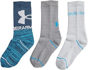 Under Armour Boy's Phenom Crew Socks 3-Pair (Little Kid/Big Kid) Blue Note/Assorted LG (13.5 Little Kid - 4 Big Kid)