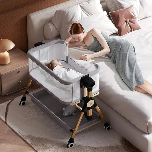 Baby Bassinet, Bedside Bassinet for Baby, Rocking Bassinet with Storage Basket and Wheels, Adjustable 6 Heights and All Mesh Sides, Portable Baby Bassinets Bedside Sleeper for Newborn Infant