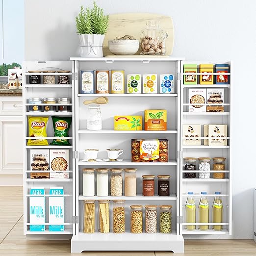 41'' Freestanding Pantry Cabinet, Kitchen Pantry Storage Cabinet with Doors and Adjustable Shelves, Food Pantry Cabinet for Kitchen, Dining Room, Living Room and Garage, Snow White