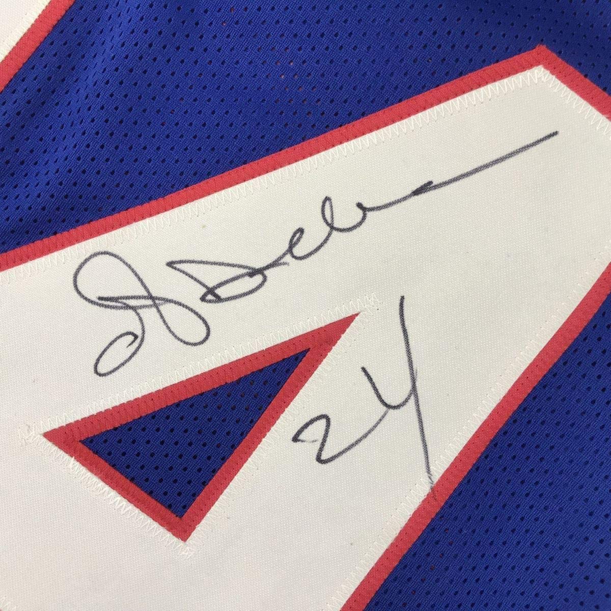 Framed Autographed/Signed Ottis Anderson 35x39 New York Blue Football Jersey JSA COA