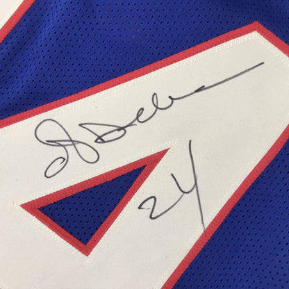 Framed Autographed/Signed Ottis Anderson 35x39 New York Blue Football Jersey JSA COA