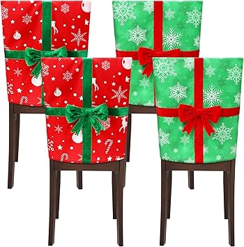 4 Pack Christmas Chair Covers Chair Back Covers for Dining Chairs Removable Washable Stretch Christmas Chair Covers with Bowknot for Christmas Home, Kitchen, Dining Room Chair Decoration