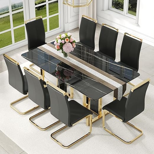 67'' Modern Dining Table Set for 8, Black Kitchen Table Set, Luxury Dining Table Set with 1.8-inch Thick Faux Marble Table Topâ__8 Pu Leather Upholstered Chairs Ideal for Dining kicken Room_‹_