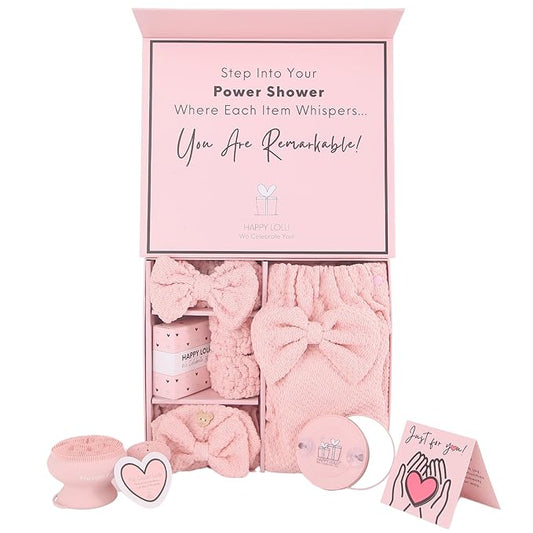Happy Lolli Power Shower Gift Set: Luxury Bath Accessories Basket for Women & Teen Girls ‰ÛÒ Includes Body & Hair Towel, Wrist Bands, Headband, Face Sponge & More ‰ÛÒ Empower Your Routine (Fresh in Pink)
