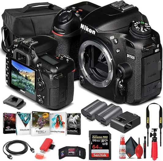 Nikon D7500 DSLR Camera (Body Only) (1581) + 64GB Memory Card + Case + Corel Photo Software + EN-EL 15 Battery + Card Reader + HDMI Cable + Deluxe Cleaning Set + Flex Tripod + Memory Wallet (Renewed)