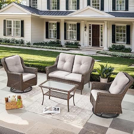 4 Pieces Patio Furniture Set-All Weather Wicker Rattan Swivel Patio Chairs Set of 2 with Patio Loveseat Outdoor Furniture for Patio Deck Porch Garden Backyard-Brown/Beige