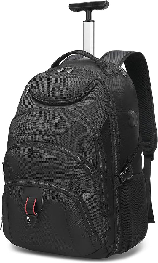 Boavan Rolling Backpack, 17 inch Water Resistant Wheeled Backpack, Carry on Luggage Business Bag, Overnight College Computer Backpack Trolley Suitcase for Men Women Adults to Travel•_ÎBlack