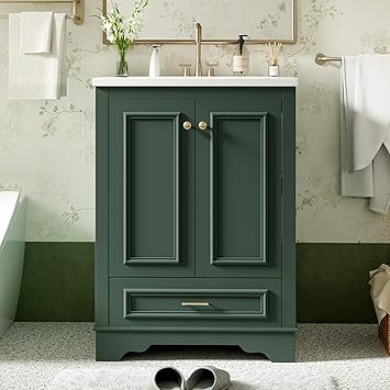 Merax 24" Bathroom Vanity with Sink, Modern Wood Bathroom Vanity Storage Cabinet with Adjustable Shelf and 1 Bottom Drawer, Solid Wood Frame, Ceramic Sink Top