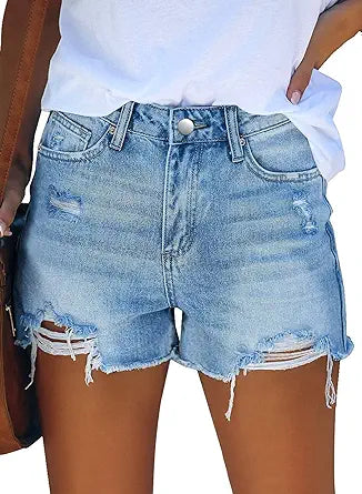 CHICZONE Womens Mid-High Waisted Denim Jean Shorts Cutoff Ripped Stretchy Summer Hot Short Pants