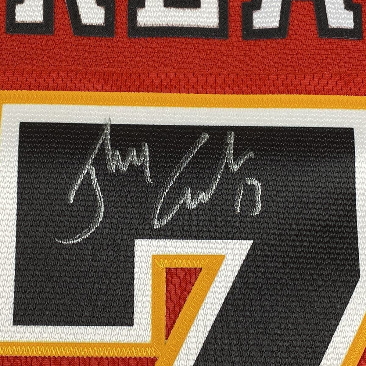 Framed Autographed/Signed Johnny Gaudreau 35x39 Calgary Flames Red Hockey Jersey Fanatics COA