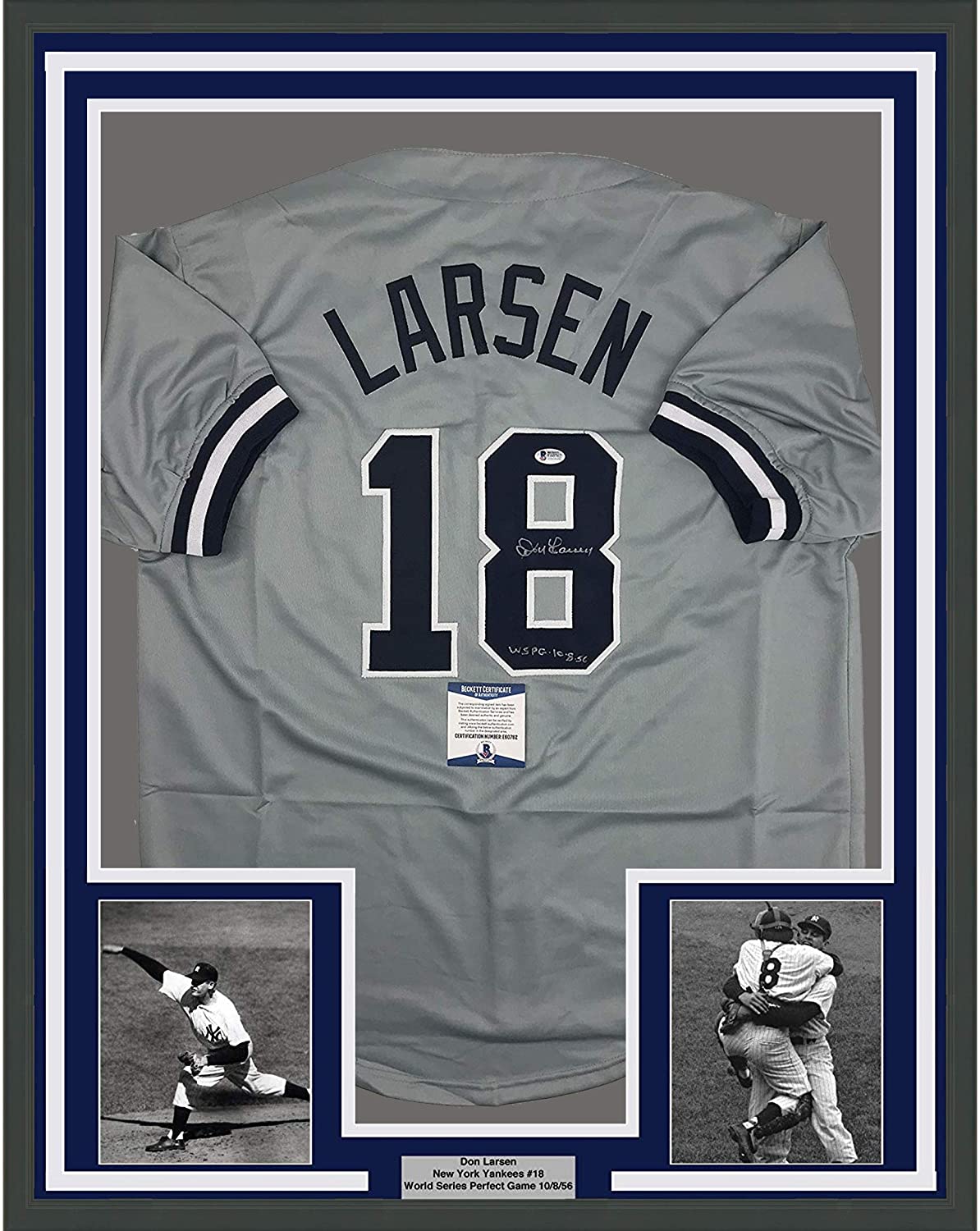 Framed Autographed/Signed Don Larsen Inscribed 35x39 New York Grey Baseball Jersey Beckett BAS COA