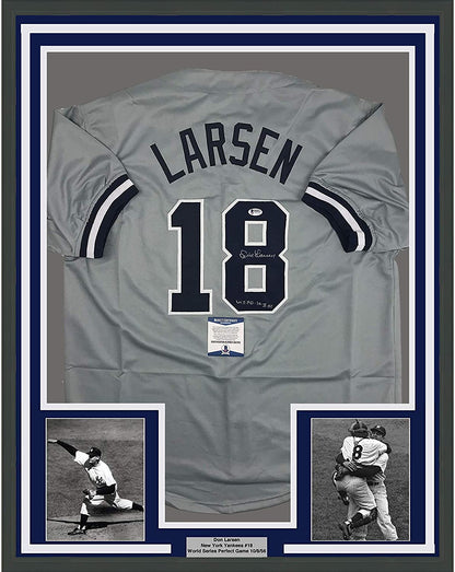 Framed Autographed/Signed Don Larsen Inscribed 35x39 New York Grey Baseball Jersey Beckett BAS COA