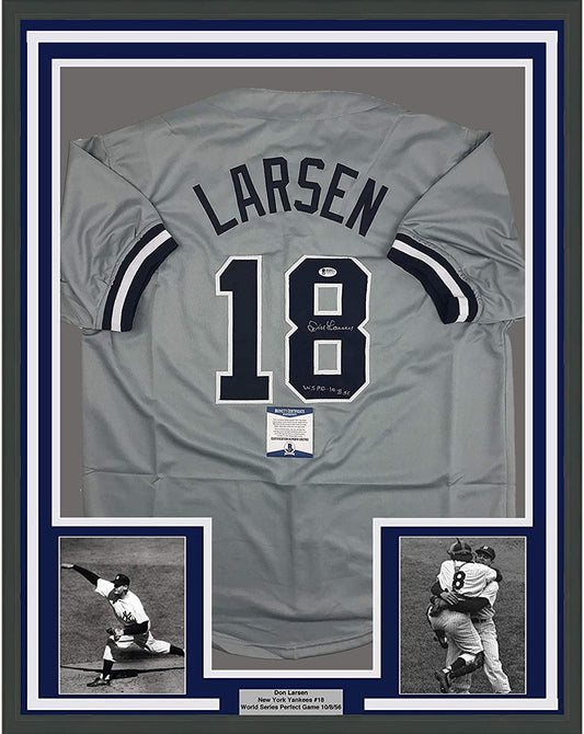 Framed Autographed/Signed Don Larsen Inscribed 35x39 New York Grey Baseball Jersey Beckett BAS COA