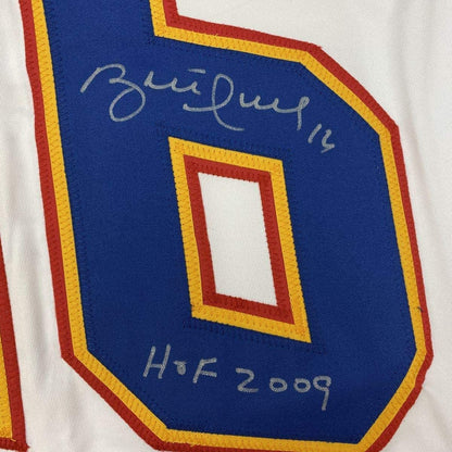Framed Autographed/Signed Brett Hull HOF 2009 35x39 St. Louis Retro White Hockey Jersey JSA COA