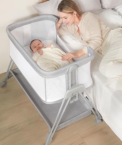 Baby Bassinet Bedside Sleeper with Wheels and Storage Tray, 4-Side Mesh Bedside Bassinet for Baby, Height Adjustable Bedside Crib for Newborn/Infant, Light Grey, Mattress Included