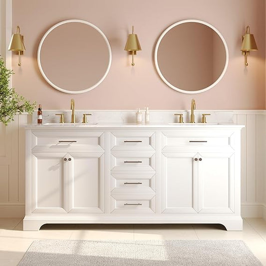 Deer Valley 72'' Bathroom Vanity with Double Sink Top, Pre-Assembled Modern Wood Bathroom Cabinet Sink Combo with Backsplash, Soft Closing Doors, Multifunctional Storage Space Vanity (White)
