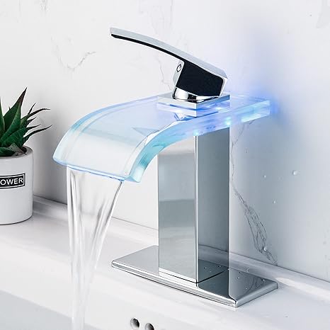 LED Bathroom Faucet, Chrome Waterfall Bathroom Sink Faucet, 1 Hole, 4 Inch Centerset, Color-Changing LED Temperature Control Light