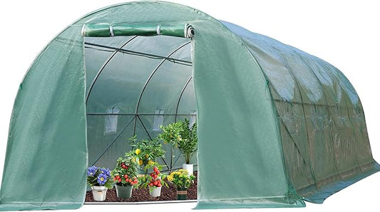 20x10x7FT Greenhouse Tunnel Heavy-Duty Outdoor Gardening Shelter with Sturdy Metal Frame, PE Cover, Roll-Up Zipper Door, Walk-in Design, and Multiple Ventilated Windows for Outdoor (Green)