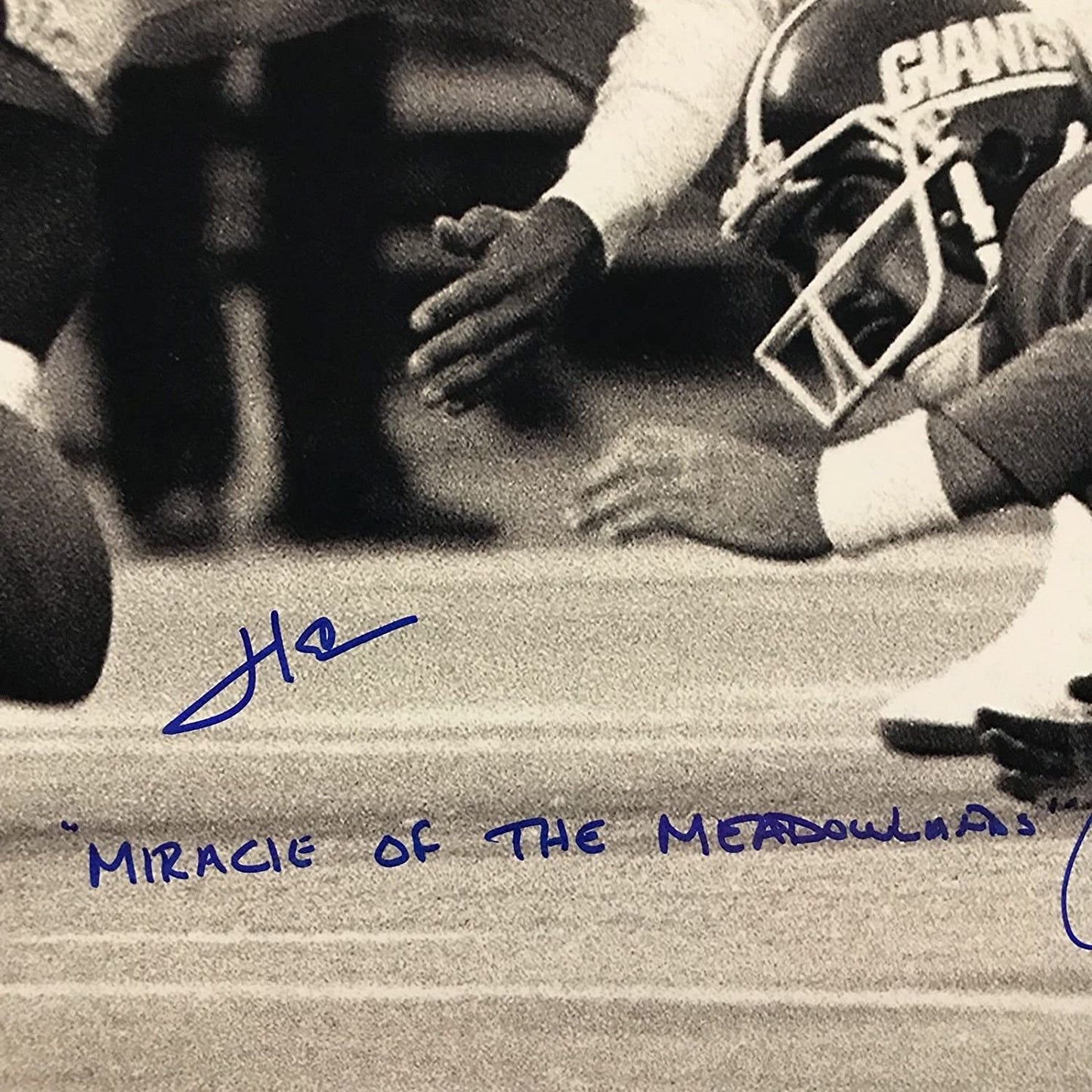 Autographed/Signed Herm Edwards & Joe Pisarcik Inscribed Miracle at the Meadowlands 16x20 Football Photo JSA COA