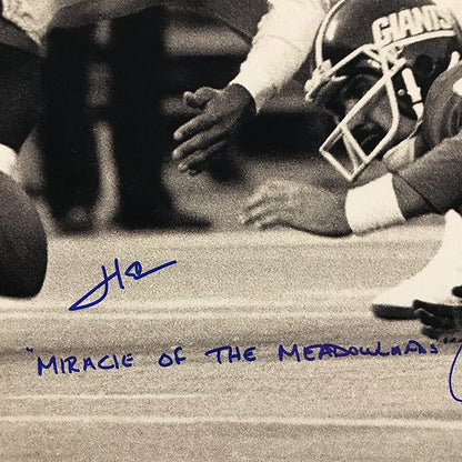 Autographed/Signed Herm Edwards & Joe Pisarcik Inscribed Miracle at the Meadowlands 16x20 Football Photo JSA COA