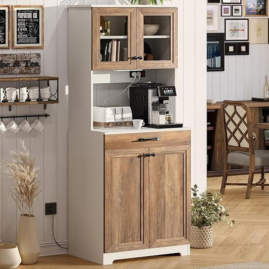 68_ __ _ Kitchen Pantry Hutch Storage Cabinet with Power Outlets and Led Lights, Farmhouse Kitchen Hutch Buffet Cabinet with Microwave Stand, Freestanding Buffet Sideboard  Coffee Bar Cabinet