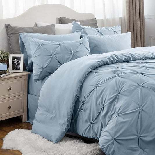 Bedsure Blue Comforter Set Queen - Bed in a Bag Queen 7 Pieces, Pintuck Bedding Sets Light Blue Bed Set with Comforter, Sheets, Pillowcases & Shams
