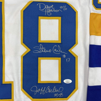 Autographed/Signed Hanson Brothers Chiefs Slap Shot Movie #18 White Hockey Jersey JSA COA