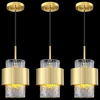 3 Pack 1 Light Hanging Indoor Kitchen Island 6" Drum Clear Textured Glass Shade Pendant Ceiling Light Fixtures, Brushed Bronze Finish Modern Farmhouse Dinning Over Sink