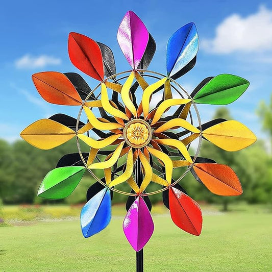 63 Inch Kinetic Wind Spinners with Garden Stake, Rainbow Metal Windmill Decorations, 360 Swivel Outdoor Wind Sculpture, Dual Direction Colorful Wind Catcher for Yard Art, Lawn, Garden Decor, Gifts