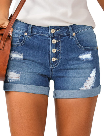 LookbookStore Women's High Waisted Jean Shorts Ripped Distressed Button Fly Cuffed Hem Short Denim Jeans Pants Lapis Air Size Medium Fits Size 8 to Size 10