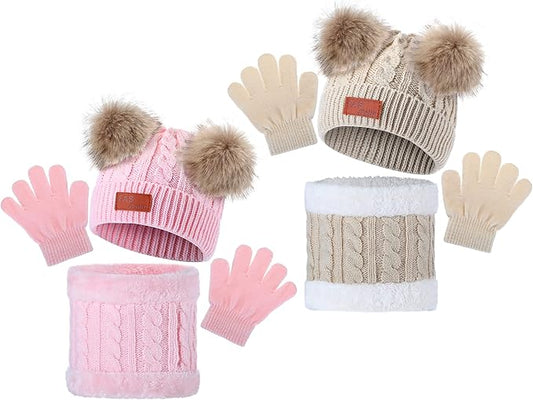 6 Pcs Kids Winter Hat Gloves Scarf Set Warm Knitted Beanie Neck Warmer Gaiter Cold Weather Accessories for Boys Girls Toddlers 1-5 Years Old, Beige and Pink