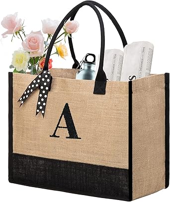 BeeGreen Initial Canvas/Jute Tote Bag Personalized Bag for Wedding, Birthday, Beach, Gift for Women, Mom, Teacher, Friend