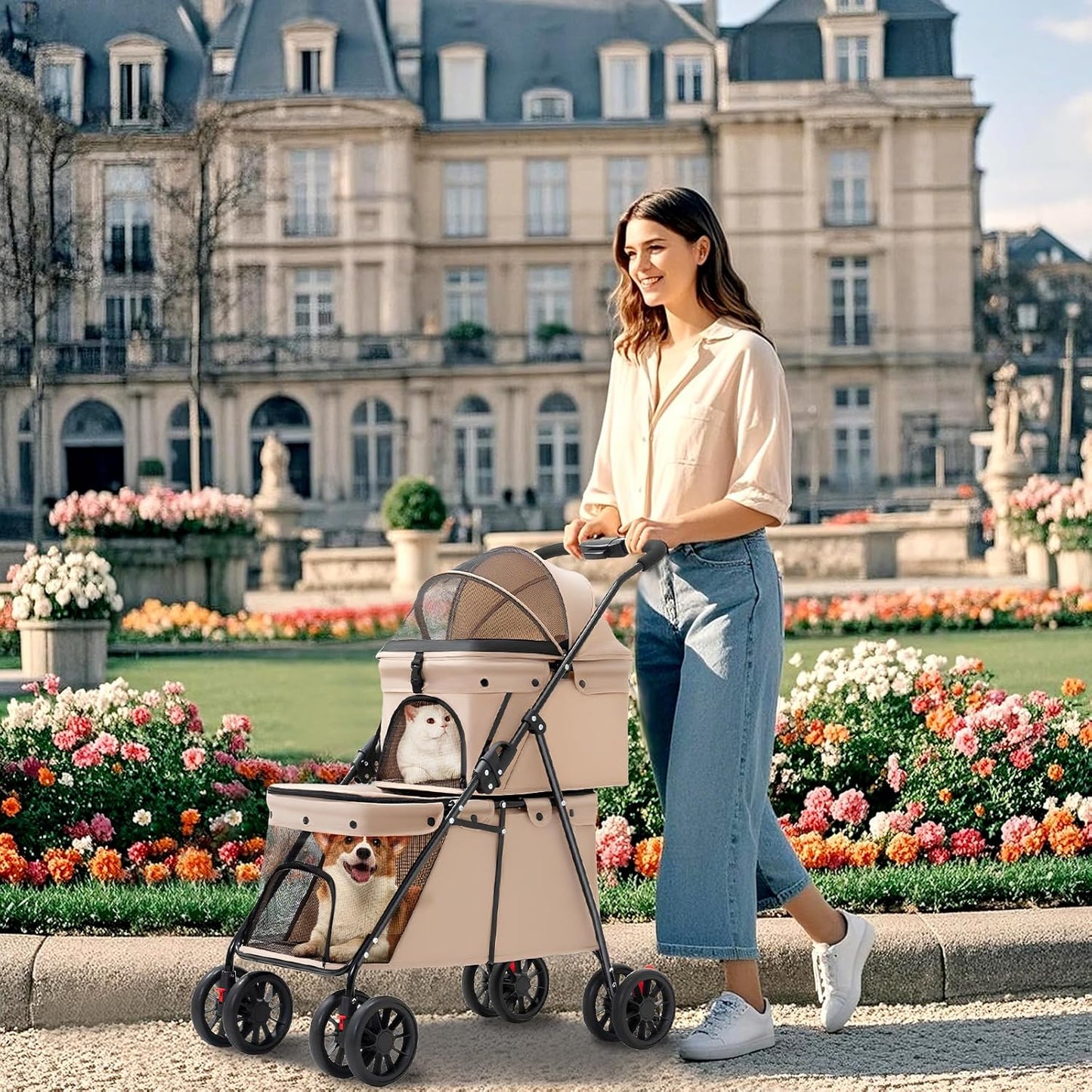 Double Pet Stroller + Foldable Beige Linen Breathable Design