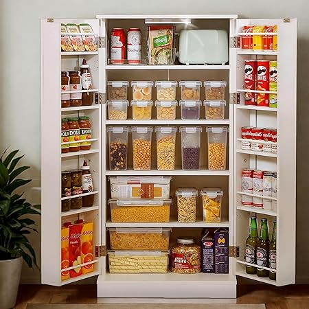 50" LED Kitchen Pantry Storage Cabinets - Food Cabinets Cupboards with 2 Doors with Racks and Shelves Adjustable for Small Space in Dinning Room, Living Room, in White