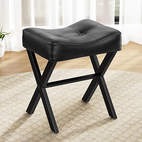 Ottoman Foot Rest, 18 inch Leather Vanity Stool Chair, Thick Padded Saddle Seat with Metal X-Leg, Small Chair Under Desk for Vanity, Living Room, Couch - Black