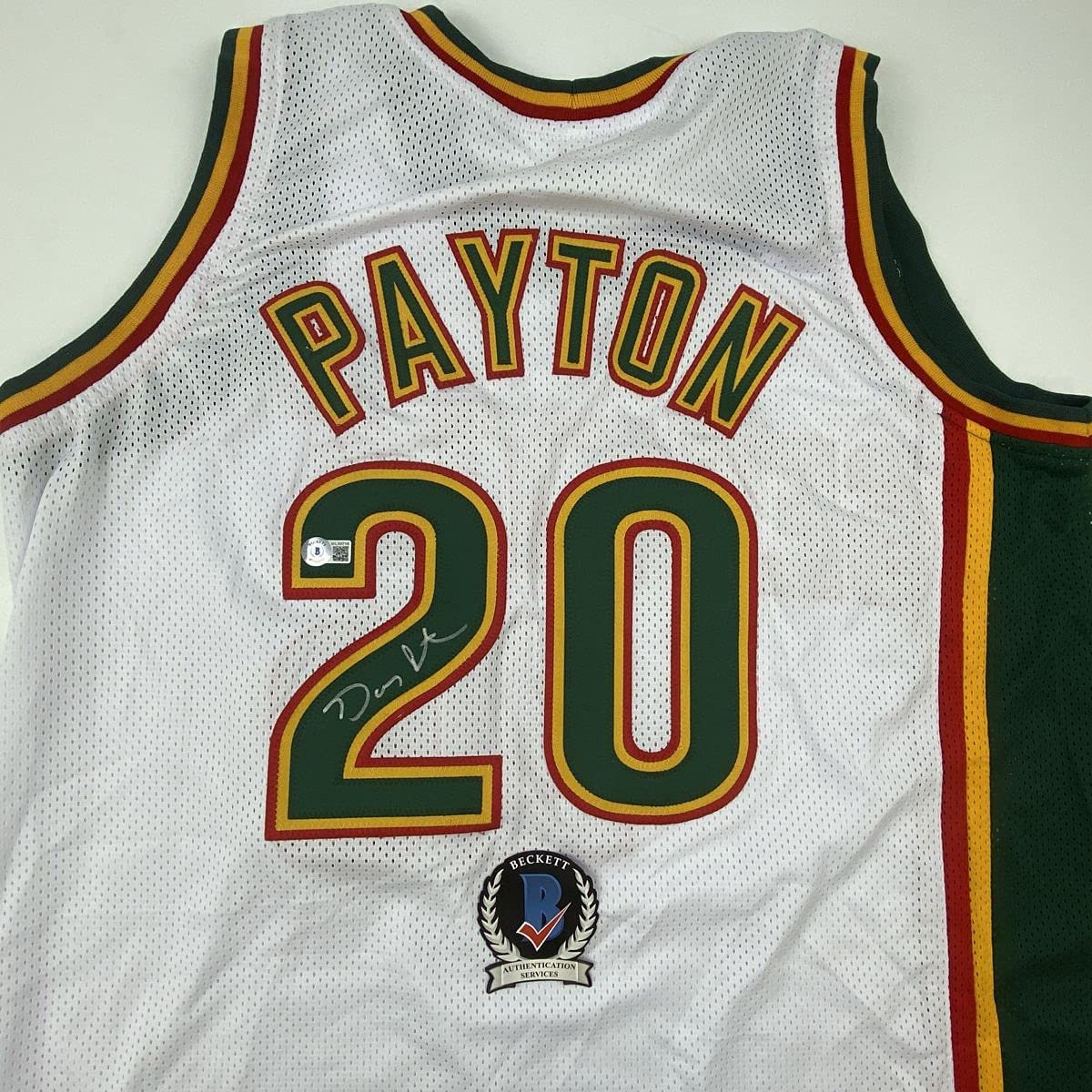 Autographed/Signed Gary Payton Seattle White Basketball Jersey Beckett BAS COA