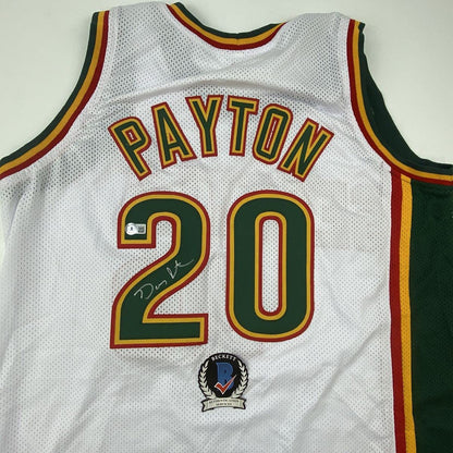 Autographed/Signed Gary Payton Seattle White Basketball Jersey Beckett BAS COA