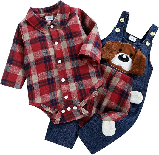 Baby Boy Clothes Infant Outfits Long Sleeve Plaid Bodysuit Romper + Jeans Overalls Jumpsuit Pants Sets