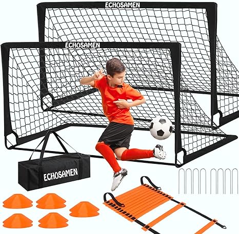 Kids Soccer Goals for Backyard, 2 of 6 x 4 ft Kids Soccer Goal Set Soccer Net with 10 Soccer Cones, Agility Ladder & Carry Bag, Portable Soccer Training Equipment.