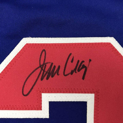 Framed Autographed/Signed Jim Craig 35x39 Blue 1980 Miracle On Ice United States Hockey Jersey JSA COA