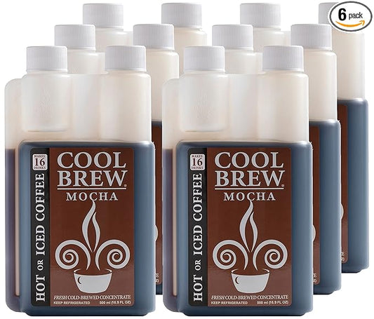 CoolBrew Mocha 6 Pack - 16 DRINKS PER BOTTLE - Fresh Cold Brew Liquid Concentrate - For Iced or Hot Coffee, Unsweetened, No Preservatives